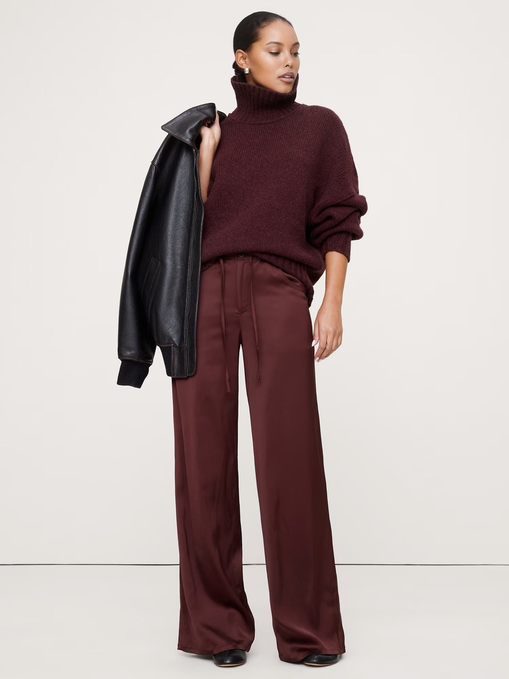 Wide-Leg Stretch-Satin Drawstring Pant in Large Tall - Redwood Burgundy